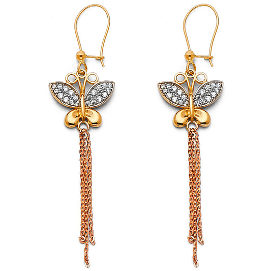 14k Tri-Color Gold Micro Pave Butterfly Tassel Hanging Dangling Earrings