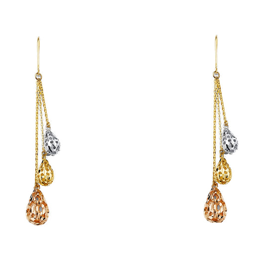 14k Tri-Color Gold Teardrop Hanging Dangling Tassel Elegant Earrings