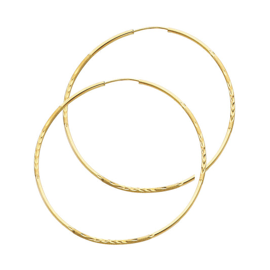 14k Yellow Gold Simple Hoop Diamond-Cut Design High Polish Classic Earrings