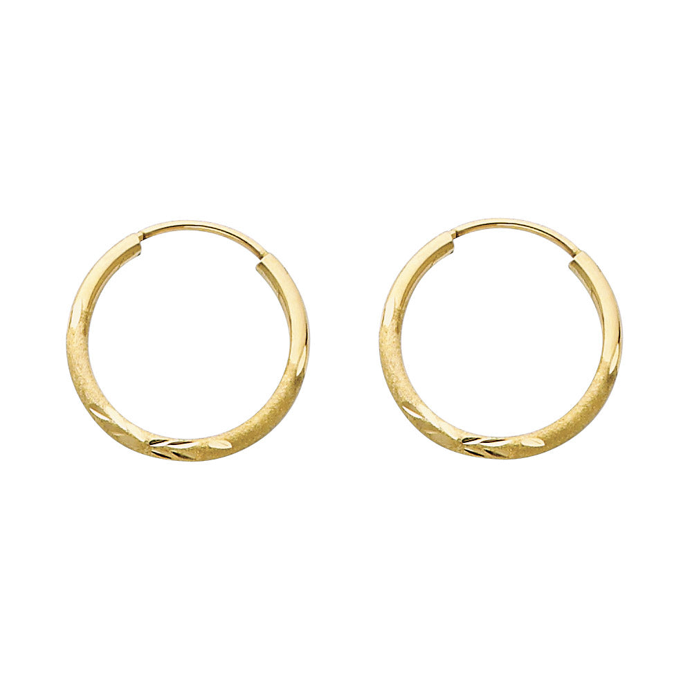 14k Yellow Gold Simple Diamond-Cut Hoop Satin Finish Modern Classic Earrings