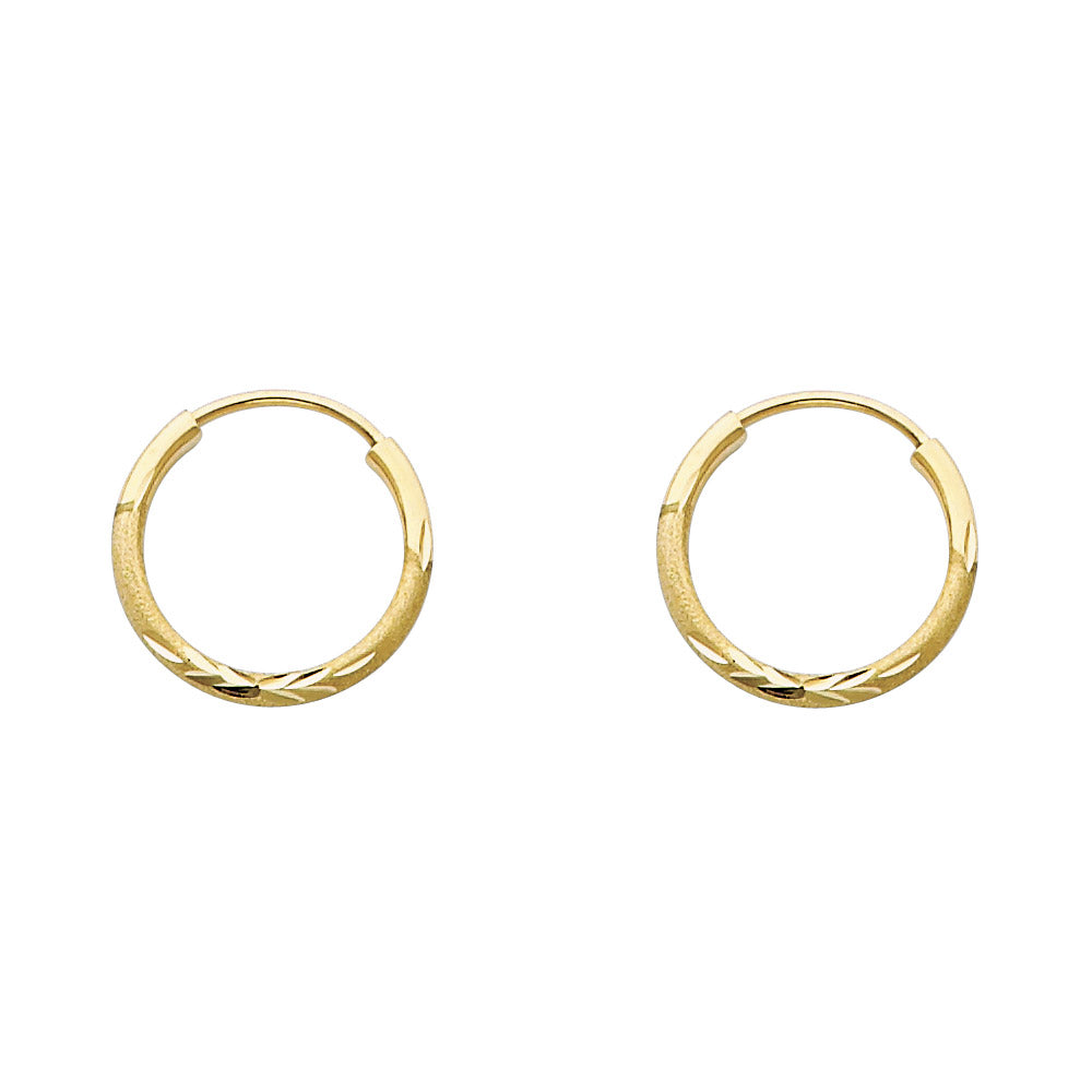 14k Yellow Gold Frosted Diamond-Cut Hoop Satin Finish Vintage Circle Earrings