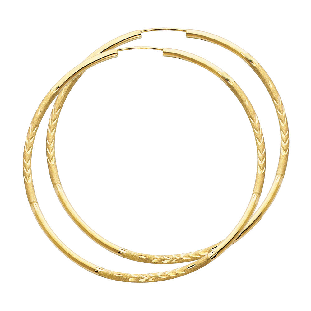 14k Yellow Gold Satin Finish Hoop Leaf Design Diamond-Cut Stripe Endles Earrings