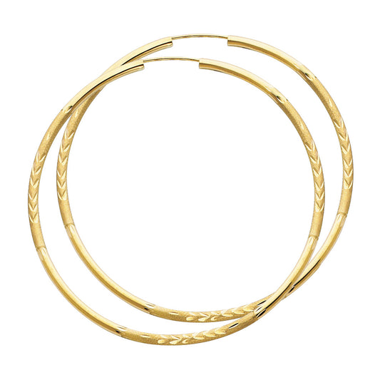 14k Yellow Gold Satin Finish Hoop Leaf Design Diamond-Cut Stripe Endles Earrings