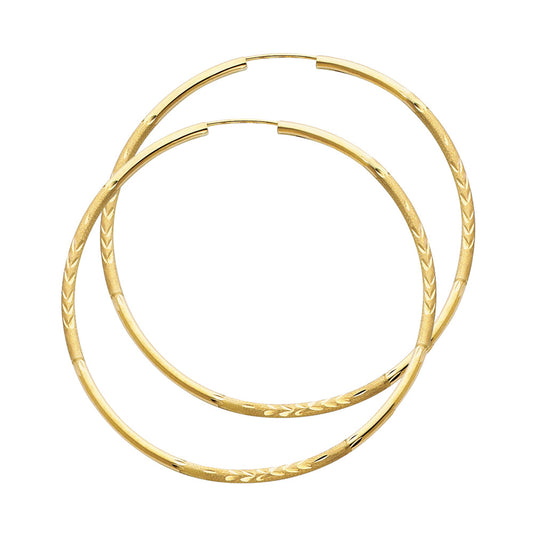 14k Yellow Gold Classic Vintage Hoop Leaf Design Satin Finish Endless Earrings
