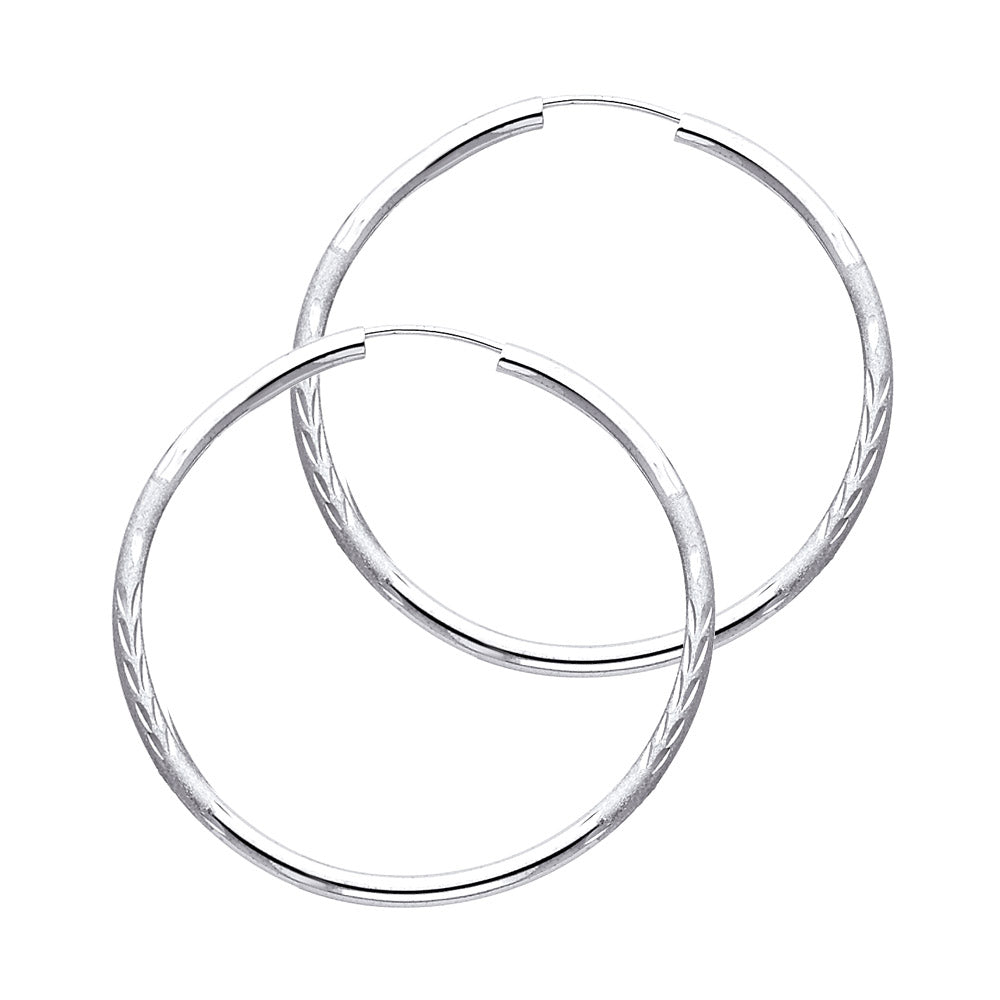 14k White Gold Simple Hoop High Polish Frosted Finish Wheat Pattern Earrings