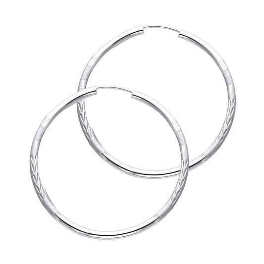14k White Gold Simple Hoop High Polish Frosted Finish Wheat Pattern Earrings