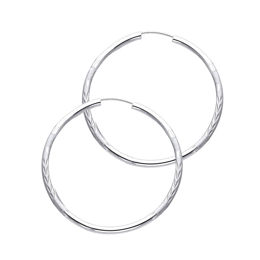 14k White Gold Simple Hoop High Polish Shiny Leaf Pattern Circle Round Earrings