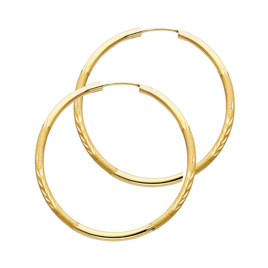 14k Yellow Gold Simple Hoop High Polish Frosted Stripe Circle Round Earrings