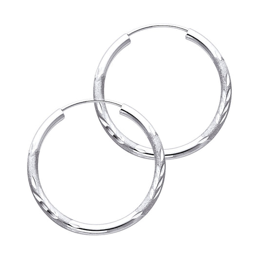 14k White Gold High Polish Hoop Diamond-Cut Design Leaf Classic Earrings