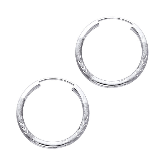 14k White Gold Simple Diamond-Cut Hoop Leaf Pattern Flower Vintage Earrings