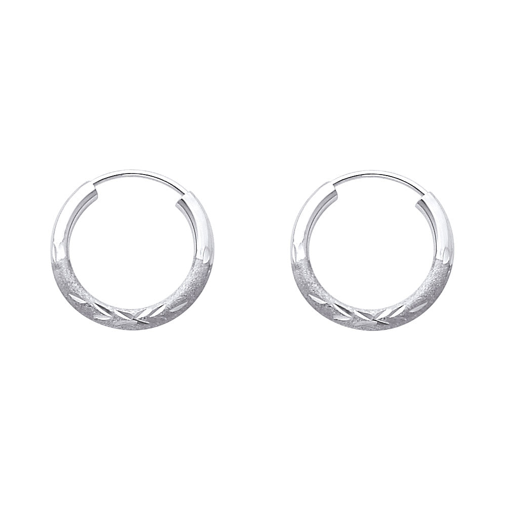14k White Gold Classic Vintage Hoop Circle Diamond-Cut Leaf Elegant Earrings