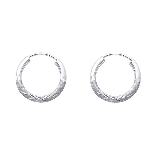 14k White Gold Classic Vintage Hoop Circle Diamond-Cut Leaf Elegant Earrings