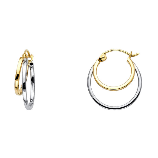 14k Two-Color Gold Double Hoop Circle Round Hinge Clasp Earrings