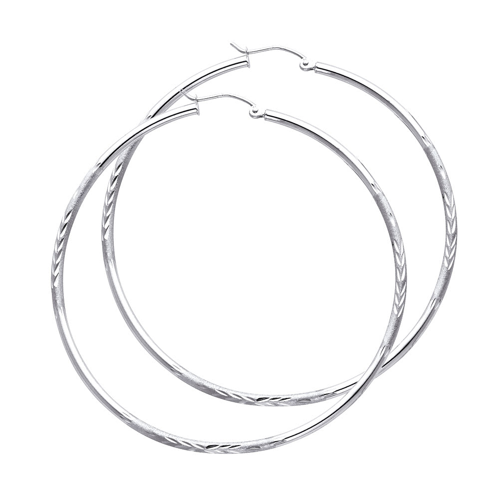 14k White Gold Classic Diamond-Cut Hoop Circle Round Hinge Clasp Earrings