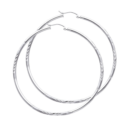 14k White Gold Classic Diamond-Cut Hoop Circle Round Hinge Clasp Earrings