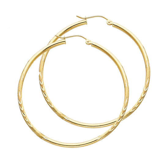 14k Yellow Gold Elegant Simple Hoop Diamond-Cut Design Leaf Flower Earrings