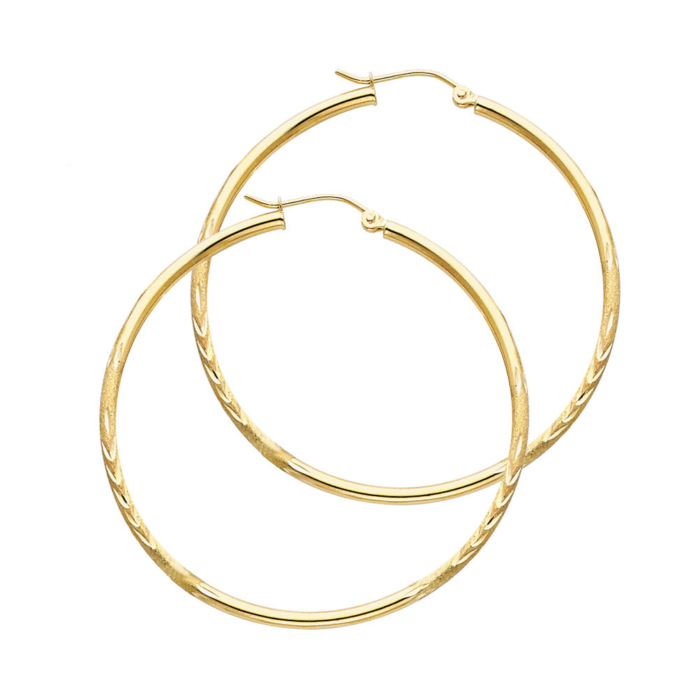 14k Yellow Gold Simple Diamond-Cut Hoop Leaf Flower Design Hinge Clasp Earrings