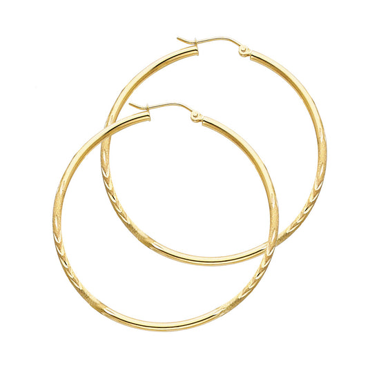 14k Yellow Gold Simple Diamond-Cut Hoop Leaf Flower Design Hinge Clasp Earrings