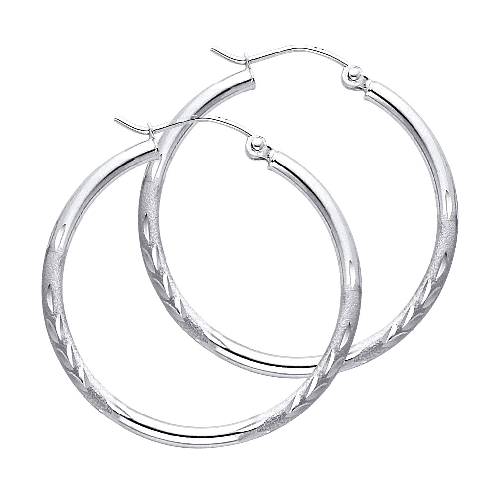 14k White Gold Diamond-Cut Hoop Circle Round Hinge Clasp Stripe Earrings