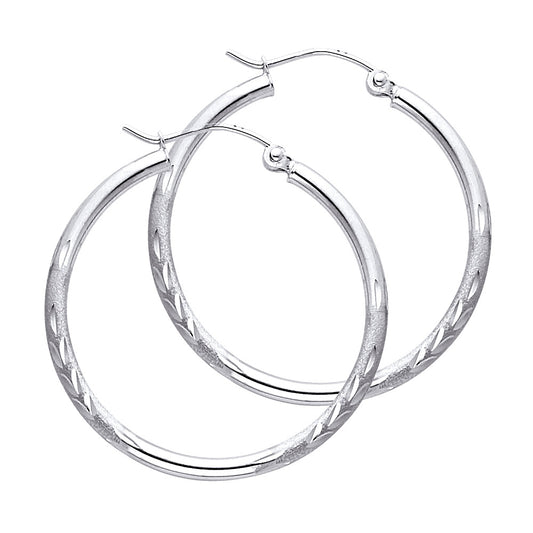 14k White Gold Diamond-Cut Hoop Circle Round Hinge Clasp Stripe Earrings