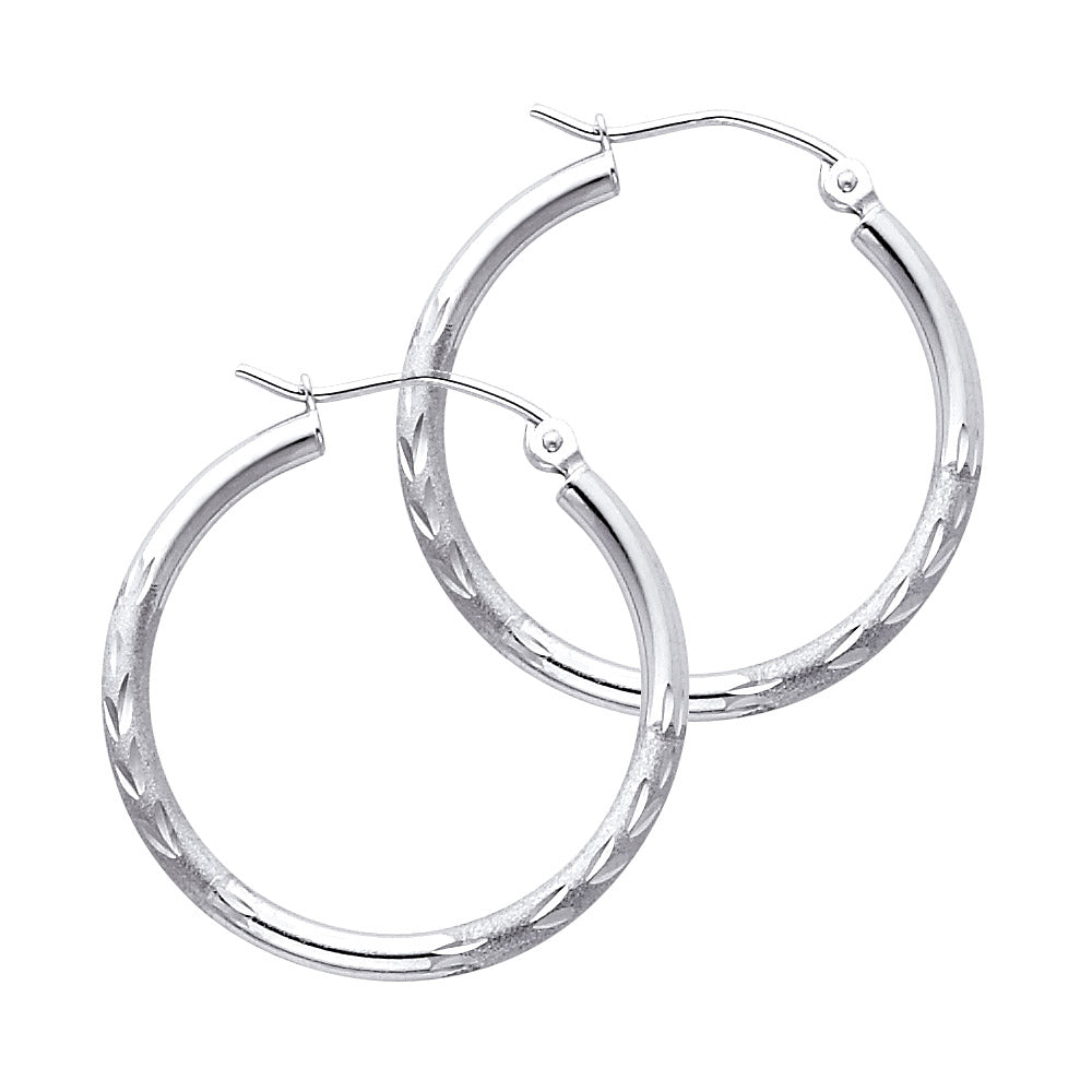 14k White Gold Classic Vintage Hoop Diamond-Cut Design Leaf Floral Earrings