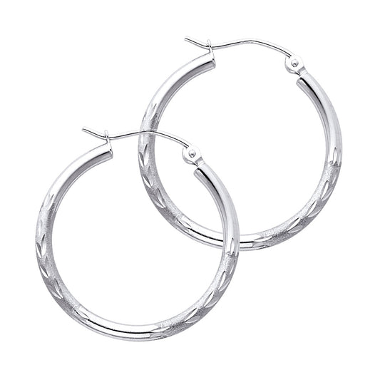 14k White Gold Classic Vintage Hoop Diamond-Cut Design Leaf Floral Earrings