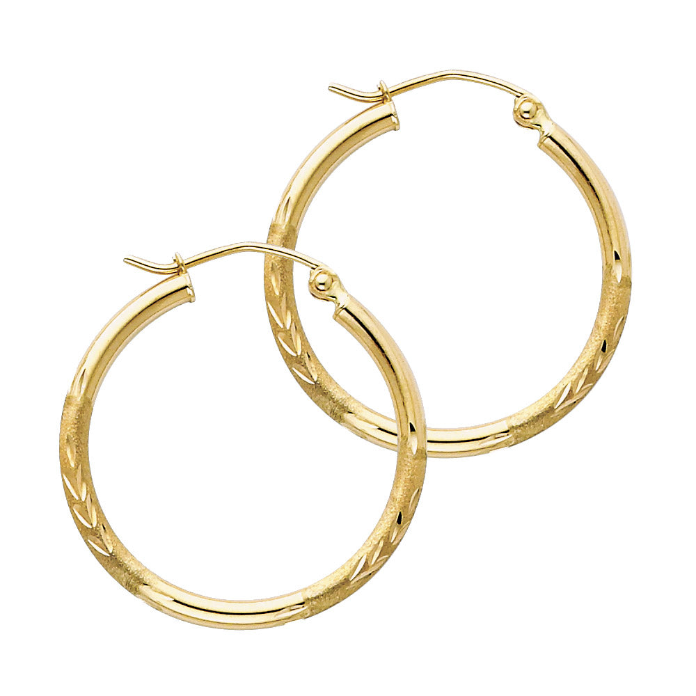 14k Yellow Gold Simple Diamond-Cut Hoop Leaf Pattern Classic Vintage Earrings