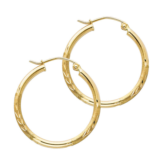 14k Yellow Gold Simple Diamond-Cut Hoop Leaf Pattern Classic Vintage Earrings