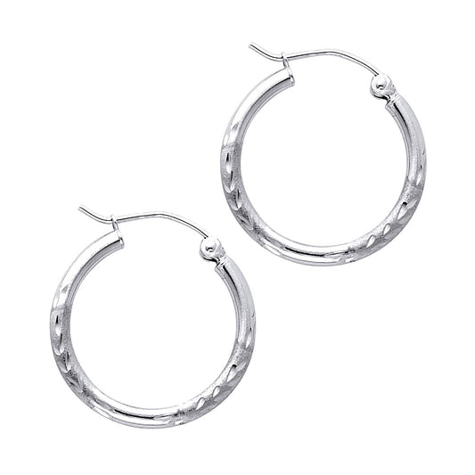 14k White Gold Simple Hinge Clasp Hoop Circle Diamond-Cut Design Earrings