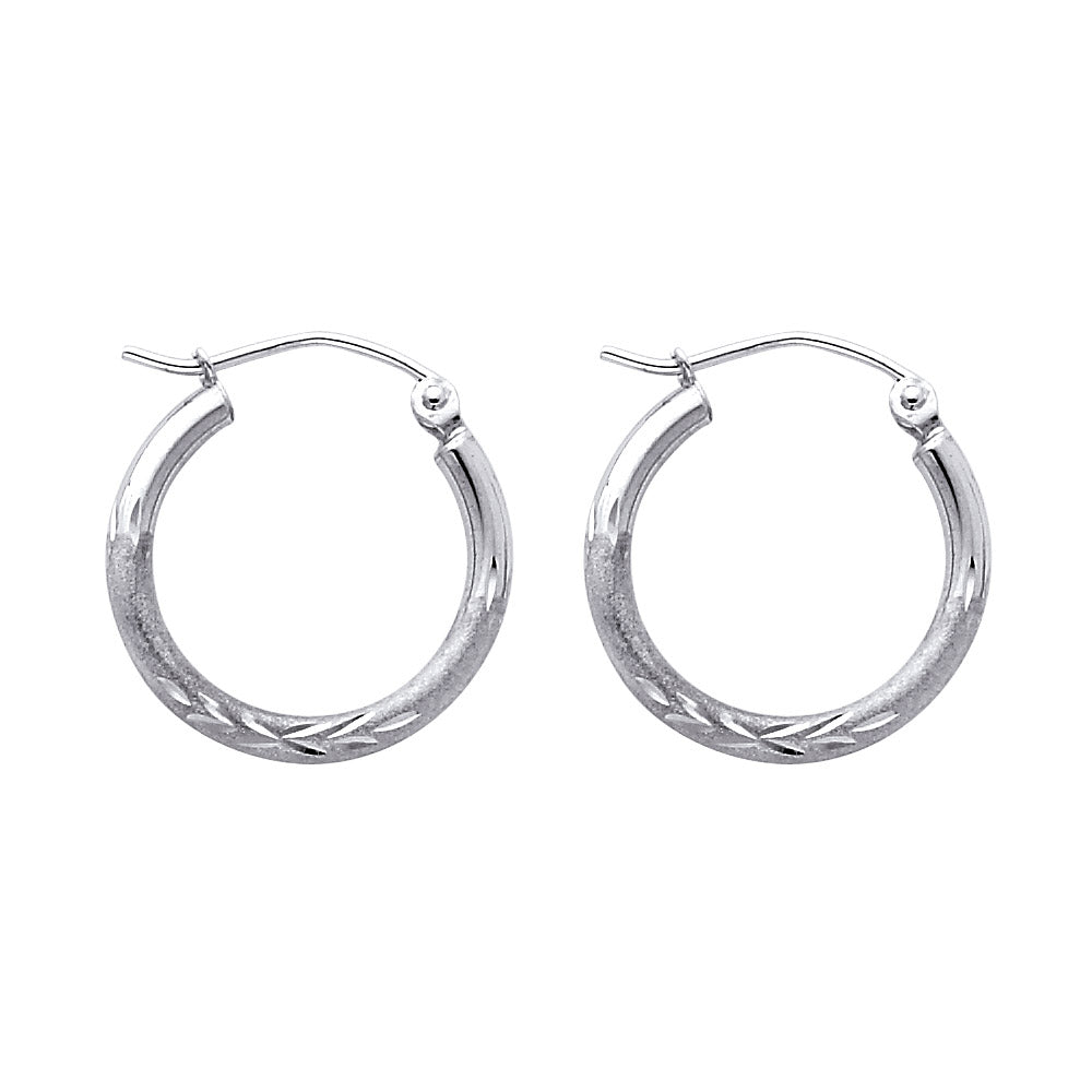 14k White Gold Simple Diamond-Cut Hoop Hinge Clasp Leaf Cut Design Earrings