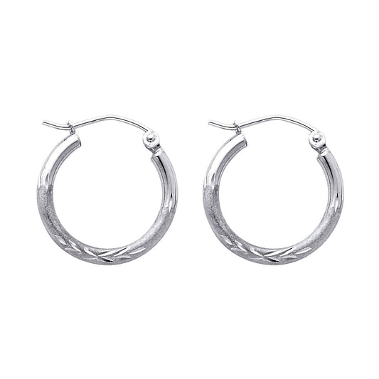 14k White Gold Simple Diamond-Cut Hoop Hinge Clasp Leaf Cut Design Earrings