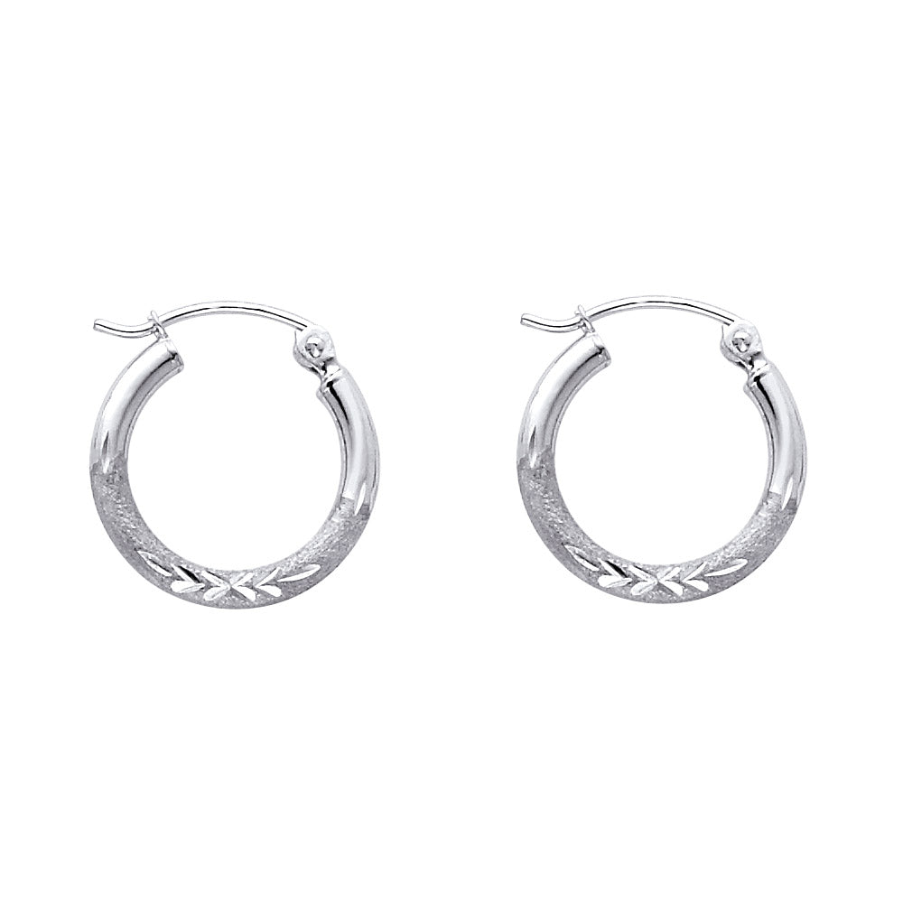 14k White Gold Diamond-Cut Hoop Hinge Clasp Circle Round Earrings