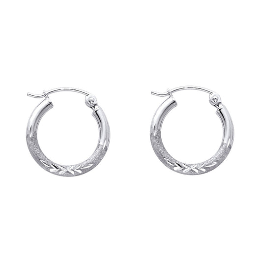 14k White Gold Diamond-Cut Hoop Hinge Clasp Circle Round Earrings