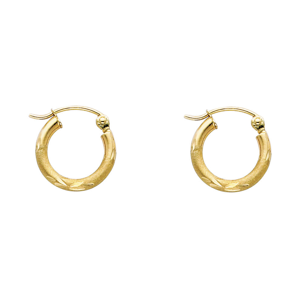 14k Yellow Gold Simple Satin Hoop Vintage Diamond-Cut Design Classic Earrings