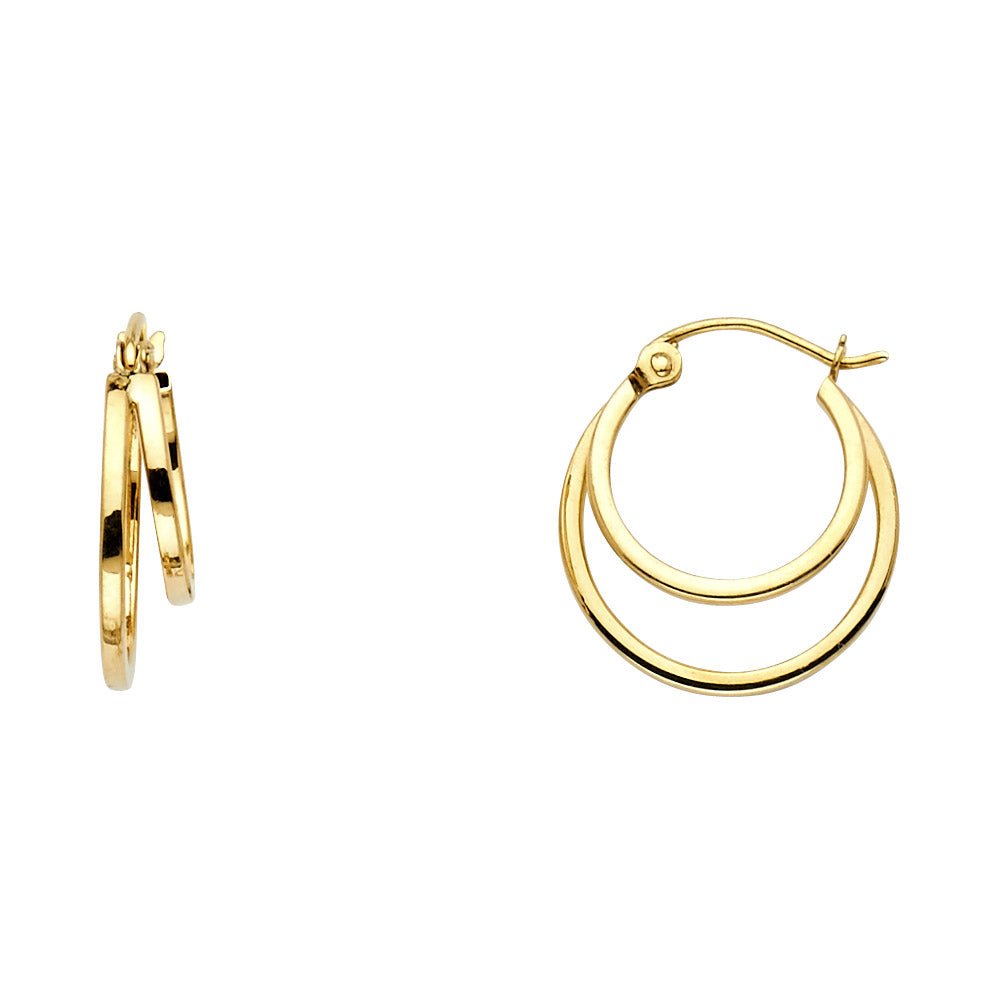 14k Yellow Gold Classic Double Hoop Two Circle Round Earrings