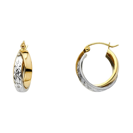 14k Two-Color Gold Hoop Twist Double Circle Celtic Knot Braid Earrings