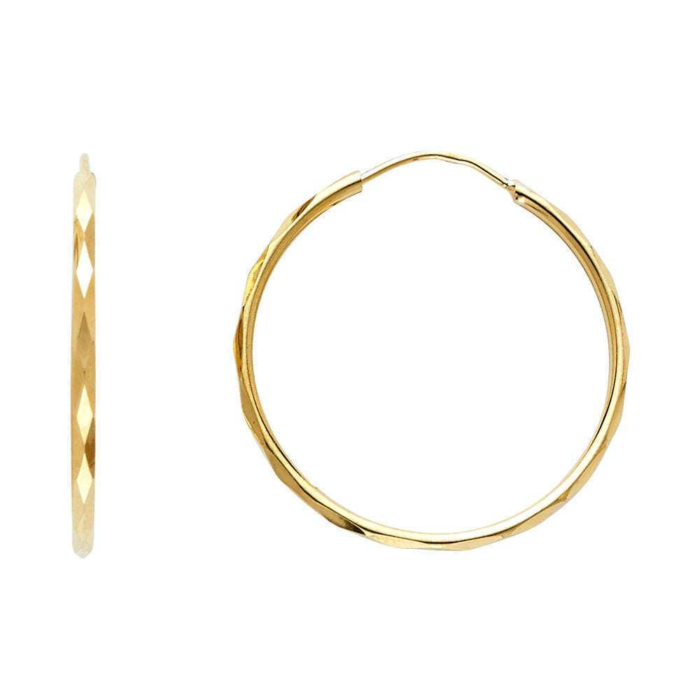 14k Yellow Gold Elegant Diamond-Cut Hoop Circle Round Faceted Earrings