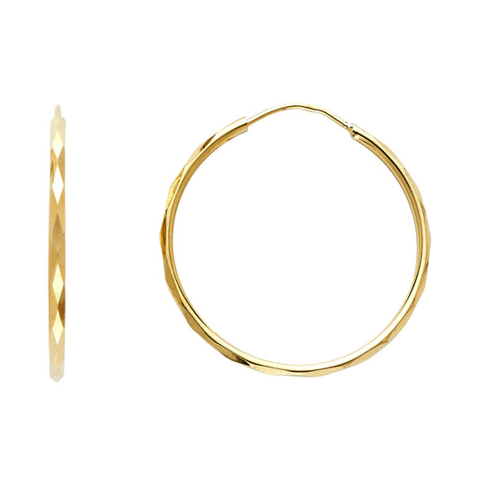 14k Yellow Gold Elegant Diamond-Cut Hoop Circle Round Faceted Earrings
