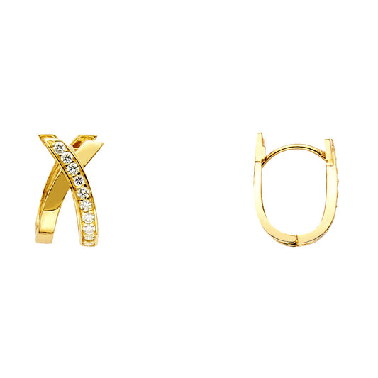 14k Yellow Gold Unique Criss Cross Design Huggie Hoop Studded X Shiny Earrings