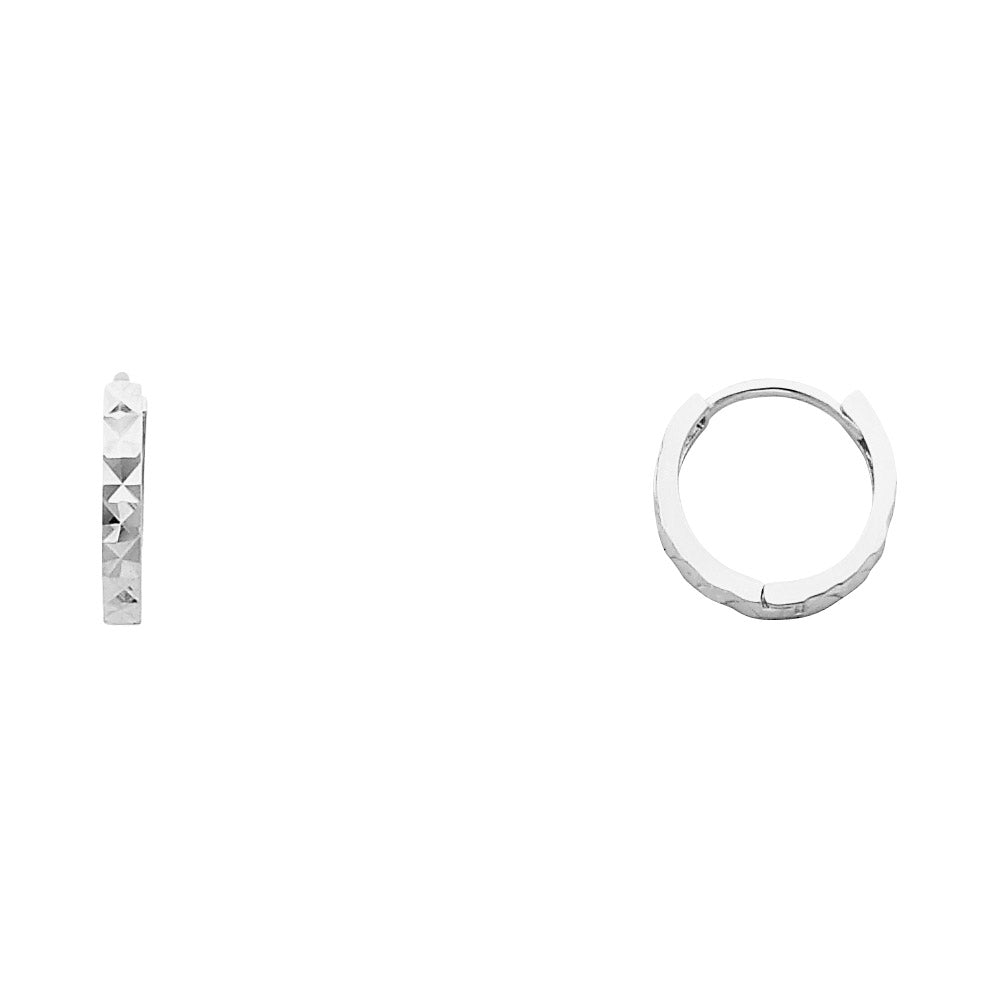 14k White Gold High Polish Huggie Hoop Diamond-Cut Elegant Modern Earrings