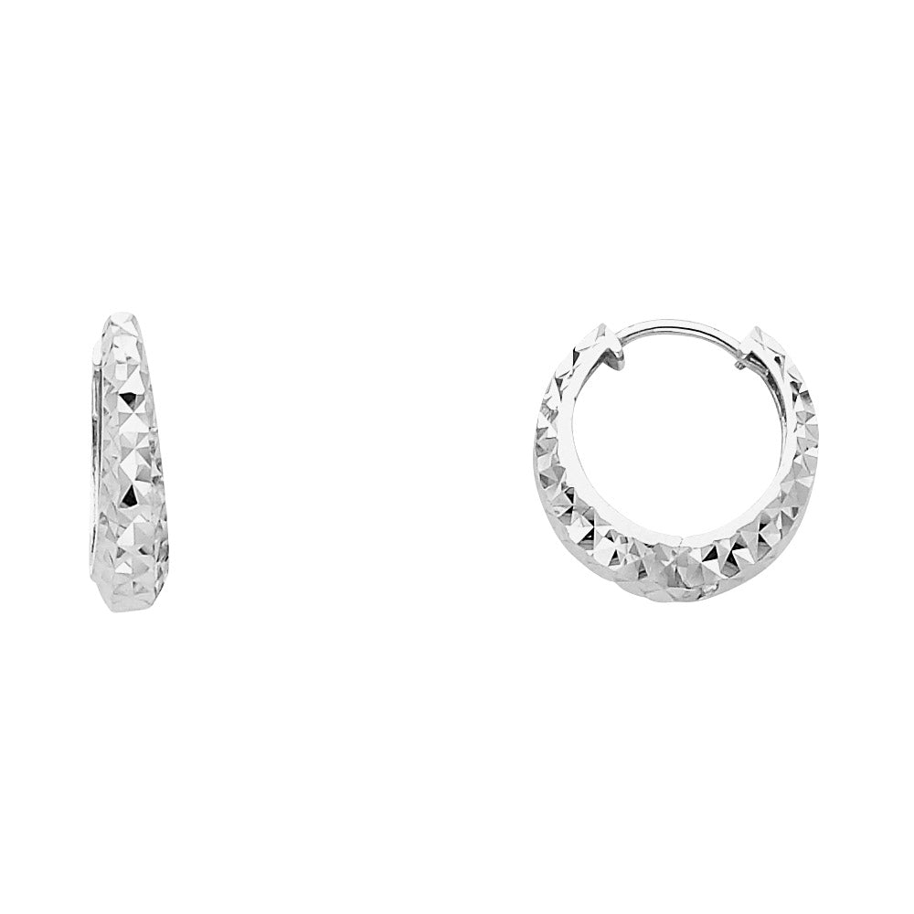 14k White Gold Simple Faceted Huggie Hoop Modern Geometric Circle Earrings