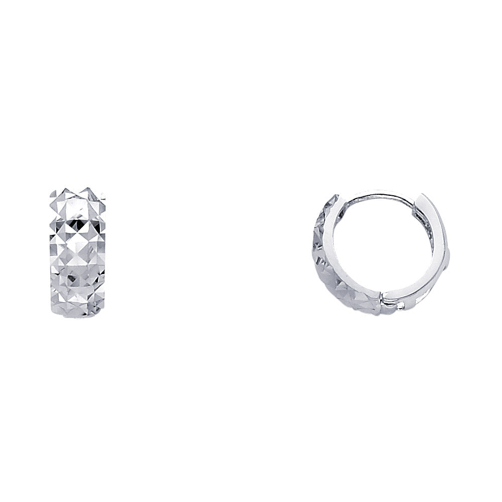 14k White Gold Faceted Hoop Huggie Wide Modern Geometric Earrings