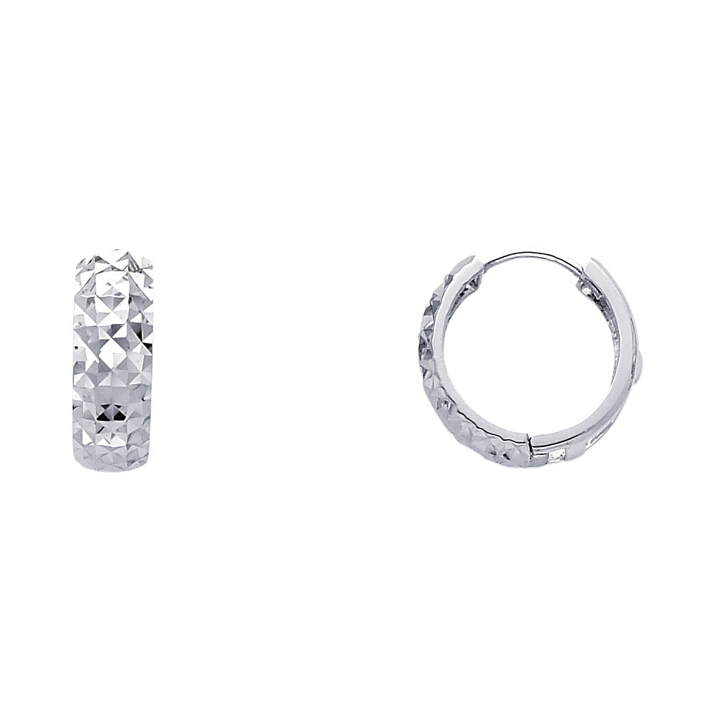 14k White Gold Textured Huggie Hoop Wide Round Earrings