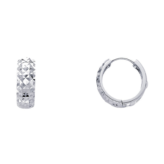 14k White Gold Textured Huggie Hoop Wide Round Earrings