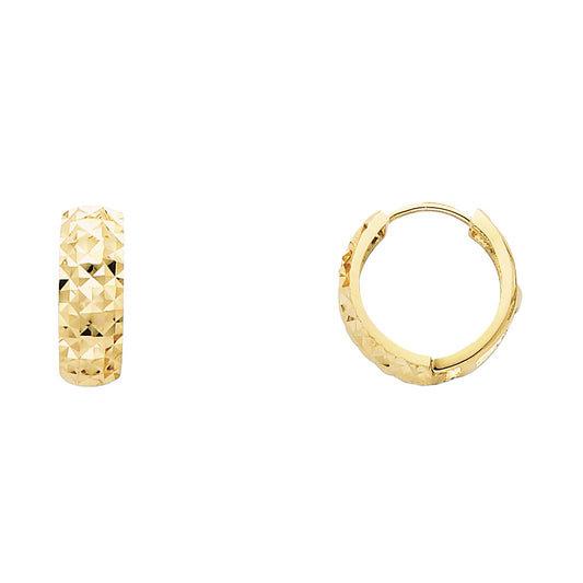 14k Yellow Gold Faceted Huggie Hoop Flat Wide Geometric Earrings