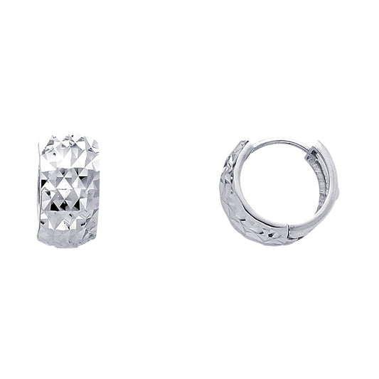 14k White Gold Wide Flat Huggie Hoop Modern Artistic Earrings