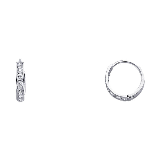 14k White Gold Simple Studded Huggie Hoop High Polish Micro Pave Earrings