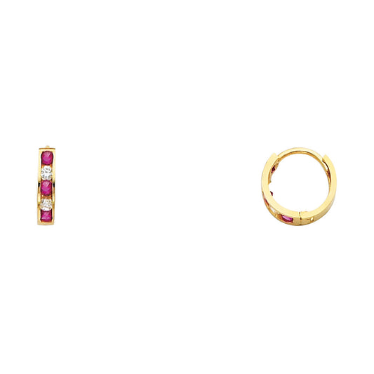 14k Yellow Gold Simple Huggie Hoop Classic Modern Earrings Clear CZ Ruby CZ