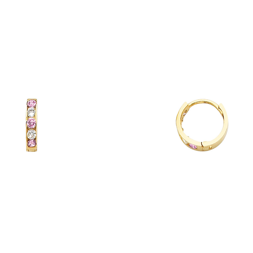 14k Yellow Gold Simple Huggie Hoop Hinge Earrings Clear CZ Pink CZ