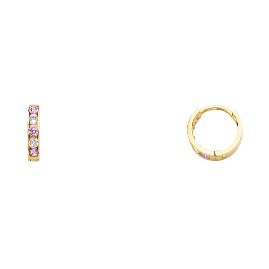 14k Yellow Gold Simple Huggie Hoop Hinge Earrings Clear CZ Pink CZ